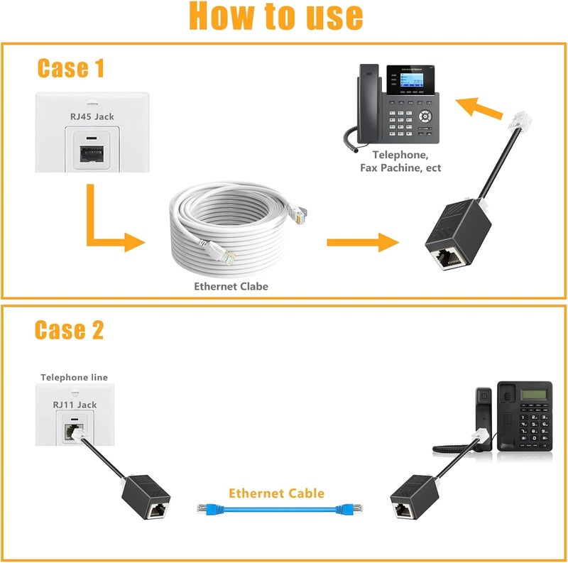 Uvital Phone Jack to Ethernet Adapter, RJ45 Female to Female Inline Adapters with RJ45-Male to RJ11-Male Phone Lines for Landline Telephone, RJ45 to RJ11 Adapter Kit(Black, 2 Pack) - Image 2